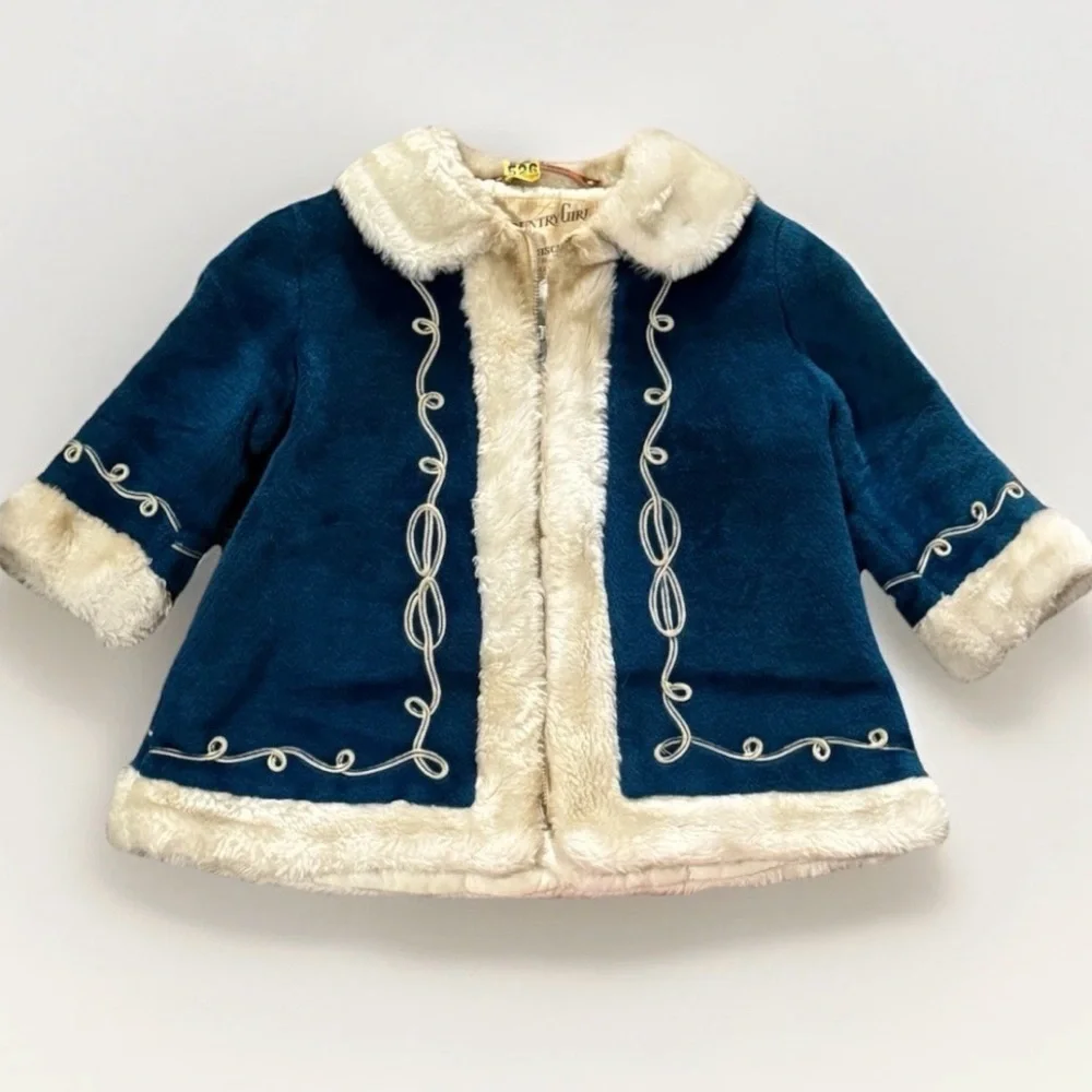 Rothschild Country Girl Blue Plush Coat Faux Fur Trim Girls Size 5 Vintage 60s